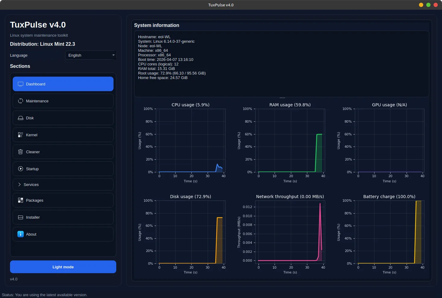 TuxPulse-v4.0 - Dashboard Dark Mode