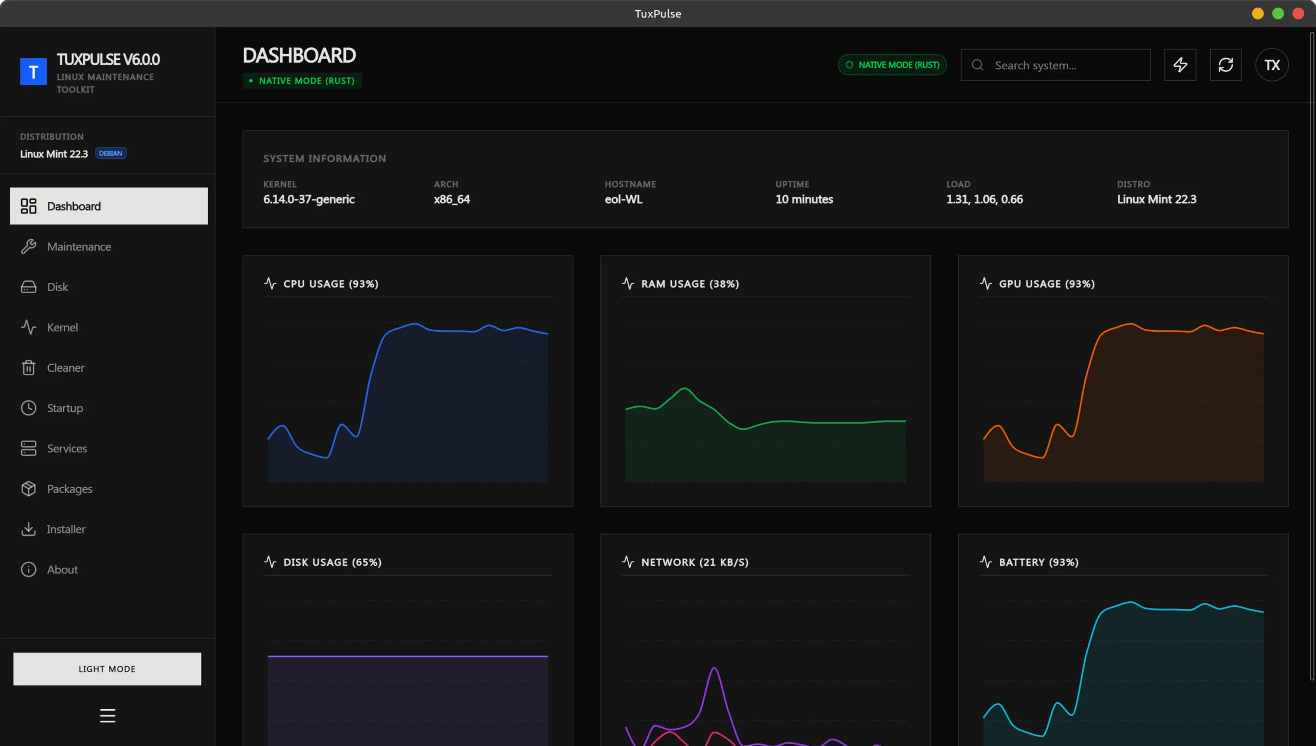 TuxPulse v6.x - Dashboard Dark Mode